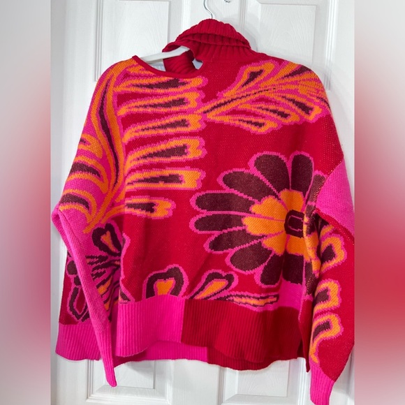 Farm Rio Vibrant Floral Cable Knit Sweater Pink Botanical Print Size Medium - Picture 7 of 13